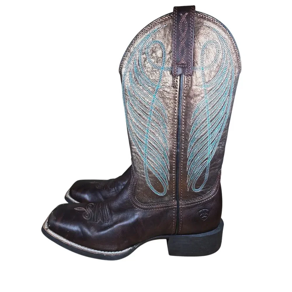 Ariat Womens Round up Yukon Brown Bronze Double Welt Square toe Cowboy Boots 6.5